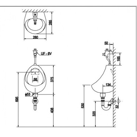 Bản vẽ bệ tiểu nam INAX U-116V treo tường