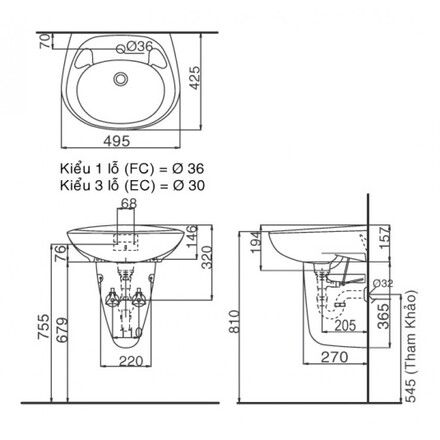 Bản vẽ bồn rửa mặt lavabo INAX L284V kèm chân L284VC