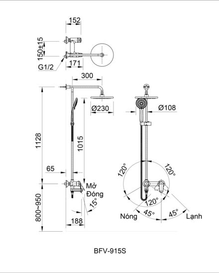 Bản vẽ kỹ thuật sen cây tắm nóng lạnh INAX BFV-915S