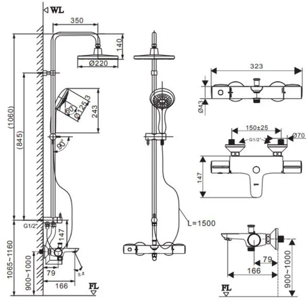 Bản vẽ vòi sen cây INAX BFV-3415T-8C nóng lạnh