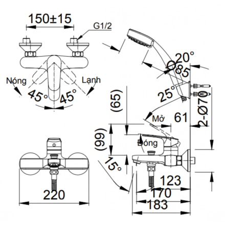 Bản vẽ kỹ thuật Vòi sen tắm nóng lạnh INAX BFV-2003S