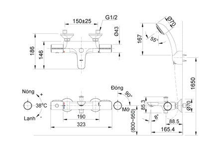 Bản vẽ kỹ thuật vòi sen INAX BFV-3413T-7C nhiệt độ